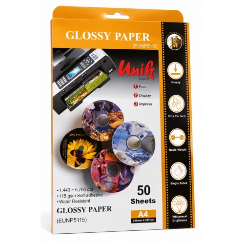 کاغذ A4 فتوگلاسه UNIK چسب دار 115 گرم (50 عددی)